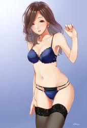 Rule 34 | 1girl, black thighhighs, blue panties, breasts, brown hair, character request, cleavage, copyright request, earrings, highres, jewelry, long hair, looking at viewer, medium breasts, panties, parted lips, retsuna, solo, thighhighs, underwear, underwear only, yellow eyes