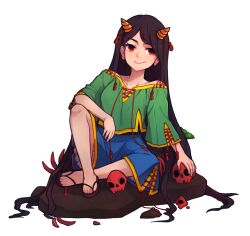 Rule 34 | 1girl, barefoot, black hair, blue shorts, feet, full body, green shirt, horns, knee up, long hair, nippaku zanmu, oni horns, red eyes, sandals, shirt, short sleeves, shorts, skull, solo, speckticuls, toes, touhou, transparent background, unfinished dream of all living ghost, wide sleeves