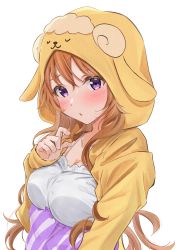 Rule 34 | 1girl, absurdres, animal hood, artist name, artist request, bare shoulders, blush, breasts, brown hair, camisole, cleavage, close-up, collarbone, curly hair, embarrassed, female focus, frilled shirt, frills, hair between eyes, hair ornament, hair over shoulder, hairclip, highres, holding, holding pillow, hood, jacket, konoe kanata, long hair, looking at viewer, love live!, love live! nijigasaki high school idol club, love live! school idol festival, medium breasts, nail, nail polish, parted lips, pillow, pink nails, pink nails, purple eyes, shirt, smile, solo, striped pillow, white background, white camisole, white shirt, yellow jacket