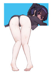 Rule 34 | 1girl, absurdres, bare legs, barefoot, bikini, black bikini, black hair, blue archive, blush, cardigan, commentary, english commentary, full body, grey cardigan, hairband, highres, long hair, long sleeves, miaoema, mixed-language commentary, official alternate costume, open cardigan, open clothes, open mouth, purple eyes, purple hairband, solo, swimsuit, ui (blue archive), ui (swimsuit) (blue archive)