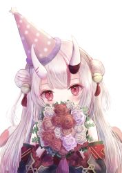 Rule 34 | 1girl, bell, birthday, black kimono, blush, bouquet, double bun, flower, frilled sleeves, frills, gold trim, hair bell, hair bun, hair ornament, hat, highres, holding, holding bouquet, hololive, horns, japanese clothes, jingle bell, kimono, long hair, long sleeves, looking at viewer, megts0331, multicolored hair, nakiri ayame, nakiri ayame (1st costume), off shoulder, oni, party hat, red eyes, red hair, short kimono, silver hair, skin-covered horns, solo, streaked hair, tassel, two side up, upper body, virtual youtuber