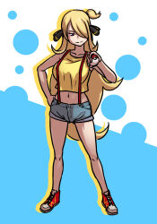 Rule 34 | 1girl, blonde hair, blush, closed mouth, collarbone, commentary request, cosplay, creatures (company), cynthia (pokemon), full body, game freak, habatakuhituji, hair ornament, hand on own hip, hand up, holding, holding poke ball, knees, long hair, misty (pokemon), misty (pokemon) (cosplay), navel, nintendo, poke ball, poke ball (basic), pokemon, pokemon (anime), pokemon (classic anime), pokemon dppt (anime), red footwear, shirt, shoes, shorts, sleeveless, sleeveless shirt, smile, sneakers, solo, split mouth, suspenders, yellow shirt