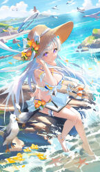 Rule 34 | 1girl, absurdres, animal, bare legs, bare shoulders, barefoot, bikini, bird, blue archive, book, breasts, brown hat, butyou (mika1412), cleavage, closed mouth, day, flower, grey hair, halo, hat, hat flower, highres, large breasts, long hair, mechanical halo, noa (blue archive), open book, orange flower, outdoors, pen, purple eyes, seagull, smile, solo, swimsuit, yellow bikini