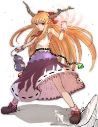 Rule 34 | 1girl, alcohol, armpits, bad id, bad pixiv id, bare shoulders, bottle, bow, chain, clenched hands, clenched teeth, dress, female focus, fighting stance, gourd, grin, ground shatter, hair bow, horn ornament, horn ribbon, horns, ibuki suika, long hair, magic, minatsuki randoseru, multicolored clothes, multicolored dress, orange hair, outstretched arm, purple dress, raised fist, red eyes, ribbon, sake, shirt, skirt, sleeveless, sleeveless shirt, smile, solo, standing, teeth, touhou, upskirt, white dress