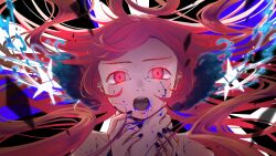 Rule 34 | 1girl, asphyxiation, blood, blood from mouth, blue blood, crack, cracked skin, ghost rule (vocaloid), glowing, glowing eyes, highres, kyou kzn, long hair, looking at viewer, nail polish, open mouth, raised eyebrows, red eyes, red hair, sf-a2 miki, solo, strangling, upper body, vocaloid