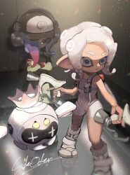 2girls agent_8_(splatoon) asymmetrical_hair baseball_cap black_dress blue_hair bodysuit boots bracelet colored_skin copyright_name crossed_arms dedf1sh dress drone dual_wielding elevator full_body green_skin grey_eyes hair_over_one_eye hat headphones headphones_over_headwear highres holding holding_weapon ink_tank_(splatoon) jewelry light_particles long_hair looking_ahead multicolored_hair multiple_girls nintendo non-humanoid_robot octoling octoling_girl octoling_player_character off-shoulder_dress off_shoulder okaranko order_dualies_(splatoon) parted_bangs parted_lips pearl_drone_(splatoon) red-tinted_eyewear red_hair robot sanitized_(splatoon) short_hair short_sleeves single_bare_shoulder sleeveless sleeveless_bodysuit socks splatoon_(series) splatoon_3 splatoon_3:_side_order standing suction_cups sunglasses tentacle_hair tinted_eyewear two-tone_hair weapon white_bodysuit white_footwear white_hair white_socks