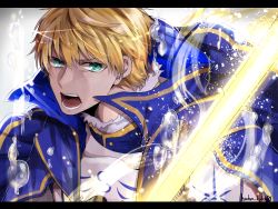 Rule 34 | 1boy, armor, arthur pendragon (fate), blonde hair, breastplate, cape, excalibur (fate/prototype), fate/prototype, fate (series), glowing, glowing sword, glowing weapon, green eyes, male focus, namahamu (hmhm 81), open mouth, solo, water drop, weapon