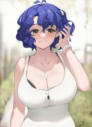 Rule 34 | 1girl, absurdres, antenna hair, artist name, bare shoulders, black bra, blue hair, blurry, blurry background, bra, bra peek, breasts, brown eyes, cleavage, closed mouth, collarbone, commentary, dot nose, eyebrows hidden by hair, hair between eyes, hand up, highres, idolmaster, idolmaster million live!, jewelry, korean commentary, large breasts, light blush, looking at viewer, ring, short hair, solo, tomid, toyokawa fuka, underwear, upper body, wavy hair, wristband