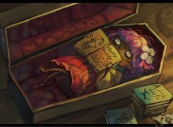 Rule 34 | 1girl, book, book stack, coffin, commentary request, flower, hair flower, hair ornament, hieda no akyuu, koto inari, crossed legs, letterboxed, lying, on back, open book, purple hair, reading, red skirt, skirt, smile, solo, touhou