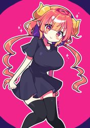 Rule 34 | 1girl, absurdres, black dress, black thighhighs, blush, breasts, closed mouth, dragon girl, dragon horns, dress, feet out of frame, highres, horns, ilulu (maidragon), knees together feet apart, kobayashi-san chi no maidragon, large breasts, long hair, offbeat, pink background, pink eyes, pink hair, pointy ears, short dress, smile, solo, thighhighs, twintails, zettai ryouiki