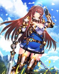 Rule 34 | 1girl, ahoge, armor, armored boots, belt, black thighhighs, blue eyes, blue sky, boots, breasts, brown hair, cleavage, cloud, day, dress, garter straps, gloves, greaves, gyakushuu no fantasica, holding, holding sword, holding weapon, katagiri hachigou, large breasts, long hair, official art, sky, smile, solo, sword, thighhighs, weapon
