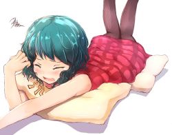 Rule 34 | 1girl, bad id, bad pixiv id, bare arms, closed eyes, dress, green hair, kazami yuuka, knees together feet apart, legs together, legs up, lying, on stomach, open mouth, pantyhose, pillow, plaid, plaid dress, ripu (lipi), shadow, short hair, simple background, solo, squiggle, tears, touhou, white background