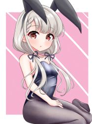 Rule 34 | 1girl, :o, animal ears, bare arms, bare shoulders, black hairband, black leotard, black pantyhose, black ribbon, blush, braid, braided bangs, breasts, brown eyes, commentary request, fake animal ears, grey hair, hair over shoulder, hair ribbon, hairband, highres, hisakawa nagi, idolmaster, idolmaster cinderella girls, idolmaster cinderella girls starlight stage, leotard, long hair, looking at viewer, low twintails, mitsumine raimu, no shoes, pantyhose, parted lips, playboy bunny, rabbit ears, ribbon, sitting, small breasts, solo, strapless, strapless leotard, twintails, very long hair, wariza
