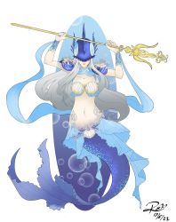Rule 34 | ancientmermaimon, digimon, highres, lipstick, makeup, mask, mermaid, monster girl, polearm, red lips, trident, weapon, white hair