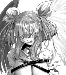 Rule 34 | 1girl, angel wings, artist name, asymmetrical wings, bare shoulders, belt, blood, breasts, bruise, character name, cleavage, cuts, detached collar, detached sleeves, dizzy (guilty gear), glowing, glowing eye, greyscale, guilty gear, guilty gear xrd, hair between eyes, hair over one eye, hair ribbon, hair rings, highres, injury, large breasts, looking at viewer, monochrome, ribbon, sharp teeth, signature, simple background, solo, teeth, white background, wings, yuzaki