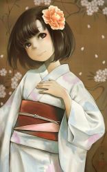 Rule 34 | 1girl, black hair, female focus, flower, hair flower, hair ornament, highres, japanese clothes, kakinomai, kimono, obi, original, sash, solo, yukata