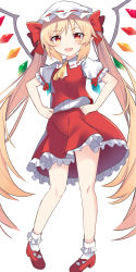 Rule 34 | 1girl, alternate hairstyle, ascot, blonde hair, blush, crystal, e.o., fang, flandre scarlet, frilled skirt, frills, full body, hat, highres, long hair, mob cap, open mouth, pointy ears, puffy short sleeves, puffy sleeves, red eyes, red footwear, red skirt, red vest, shirt, shoes, short sleeves, simple background, skirt, smile, socks, solo, touhou, twintails, vest, white background, white hat, white shirt, white socks, wings, yellow ascot