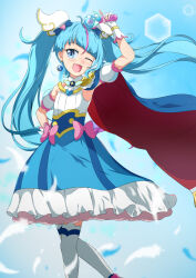 Rule 34 | 1girl, ;d, arm up, blue background, blue eyes, blue hair, blue skirt, blush, bow, cure sky, detached sleeves, diagonal bangs, feathers, feet out of frame, fingerless gloves, floating hair, frilled skirt, frills, gloves, gradient hair, highres, hirogaru sky! precure, holding, long hair, multicolored hair, one eye closed, open mouth, over-kneehighs, pink bow, pink hair, precure, puffy short sleeves, puffy sleeves, shirt, short sleeves, skirt, sleeveless, sleeveless shirt, smile, solo, sora harewataru, standing, streaked hair, thighhighs, tsuyukina fuzuki, twintails, very long hair, white gloves, white shirt, white sleeves, white thighhighs