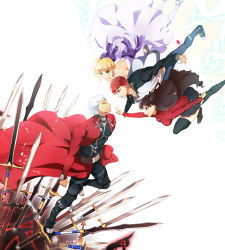 Rule 34 | 2boys, 2girls, archer (fate), artoria pendragon (all), artoria pendragon (fate), dress, emiya shirou, fate/stay night, fate (series), highres, multiple boys, multiple girls, official alternate costume, saber (fate), sword, thighhighs, tohsaka rin, weapon, yukihime (mofumofu2225)