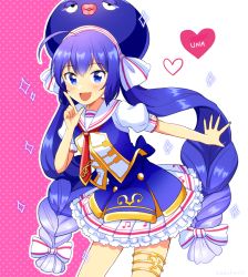 Rule 34 | 1girl, beamed eighth notes, blouse, blue eyes, blue hair, blue shirt, blush, bow, braid, character name, commentary, cowboy shot, eel hat, eighth note, fang, frilled skirt, frills, gradient hair, hair bow, hand up, heart, index finger raised, leaning forward, light blush, long hair, looking at viewer, low-braided long hair, low-tied long hair, multicolored hair, musical note, musical note print, nail polish, necktie, nokuhashi, otomachi una, otomachi una (sugar), outstretched arm, red necktie, sailor collar, shirt, short sleeves, skin fang, skirt, smile, solo, sparkle, thighlet, treble clef, twintails, very long hair, vocaloid
