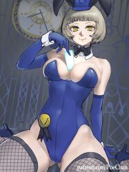 Rule 34 | 1girl, absurdres, black bow, black bowtie, blue gloves, blue hat, blue leotard, blunt bangs, bow, bowtie, breasts, card, cleavage, clock, elbow gloves, elizabeth (persona), fishnet thighhighs, fishnets, gloves, gluteal fold, hat, high heels, highres, holding, holding card, large breasts, leotard, medal, patreon username, persona, persona 3, poechan chan, sitting, smile, solo, thighhighs, wariza, yellow eyes