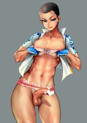 Rule 34 | 1boy, abs, bike jersey, blue eyes, censored, crotchless, crotchless panties, fingerless gloves, gloves, grey background, heart, heart censor, izumida touichirou, lips, looking at viewer, male focus, muscular, navel, nipples, panties, penis, puffy chest, riko (k riko), short hair, simple background, smile, solo, sports uniform, sportswear, testicles, underwear, yowamushi pedal