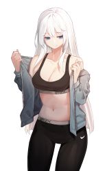 Rule 34 | 1girl, absurdres, bare shoulders, black pants, blue eyes, breasts, chukibabo2, cleavage, closed mouth, collarbone, cowboy shot, crop top, expressionless, grey jacket, highres, jacket, long hair, long sleeves, looking down, medium breasts, midriff, navel, off shoulder, open clothes, open jacket, original, pants, simple background, sleeveless, solo, sports bra, stomach, very long hair, white background, white hair, yoga pants