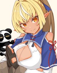 Rule 34 | 1girl, ahoge, black gloves, blonde hair, blush, breasts, chinese clothes, cleavage, cleavage cutout, closed mouth, clothing cutout, dark-skinned female, dark skin, dress, eyelashes, gloves, hair between eyes, hair ribbon, highres, hololive, kintsuba (shiranui flare), kokechan, large breasts, long hair, looking at viewer, multicolored hair, orange eyes, own hands together, panda, pointy ears, ponytail, ribbon, shiranui flare, shiranui flare (old design), shoulder cutout, simple background, smile, streaked hair, two-tone hair, upper body, virtual youtuber, white background, white dress, white hair