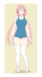 Rule 34 | 1girl, akashi (kancolle), blue one-piece swimsuit, blush, breasts, closed mouth, collarbone, commentary, closed eyes, full body, green eyes, hair between eyes, hair ribbon, highres, kantai collection, large breasts, long hair, looking at viewer, no shoes, one-piece swimsuit, pink hair, ribbon, school swimsuit, sidelocks, simple background, solo, standing, swimsuit, thigh gap, thighhighs, tress ribbon, white thighhighs, yuuji (and)