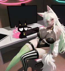 Rule 34 | 1girl, absurdres, animal ears, asymmetrical legwear, bare shoulders, black cat, black leotard, bodystocking, breasts, cat, cleavage, closed mouth, commission, curvy, dazey (vtuber), fox ears, fox girl, fox tail, green hair, highres, indie virtual youtuber, indoors, computer keyboard, kiek qaq, large breasts, leotard, looking at viewer, mismatched legwear, monitor, multicolored hair, off shoulder, on chair, pink eyes, pixiv commission, shirt, sitting, table, tail, thigh strap, thighhighs, two-tone hair, virtual youtuber, webcam, white hair, white shirt, wide hips