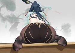 Rule 34 | 1girl, absurdres, ass, ass focus, back, bare back, black hair, black pantyhose, blue hair, chinese commentary, commentary request, earrings, exianble, feet, from behind, genshin impact, grey background, hair ornament, hair stick, highres, huge ass, jewelry, long hair, multicolored hair, no shoes, paid reward available, pantyhose, ponytail, sitting, soles, solo, toes, very long hair, xianyun (genshin impact)