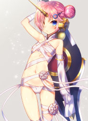 Rule 34 | 1girl, arm behind head, arm up, bandaged arm, bandages, bikini, bikini bottom only, blue eyes, blush, breasts, detached sleeves, double bun, fate/grand order, fate (series), frankenstein&#039;s monster (fate), frankenstein&#039;s monster (swimsuit saber) (fate), frankenstein&#039;s monster (swimsuit saber) (third ascension) (fate), gluteal fold, grey background, hair bun, hair ornament, hair over one eye, highres, holding, horns, long sleeves, looking at viewer, navel, pink hair, short hair, side bun, single detached sleeve, single horn, sleeves past fingers, sleeves past wrists, small breasts, solo, swimsuit, tahya, topless, white bikini