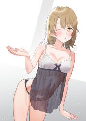 Rule 34 | 1girl, :o, babydoll, blush, breasts, brown hair, cleavage, isshiki iroha, lingerie, looking at viewer, medium breasts, panties, parted lips, see-through, short hair, simple background, solo, subachi, underwear, yahari ore no seishun lovecome wa machigatteiru., yellow eyes