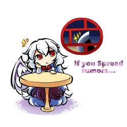 Rule 34 | 1girl, :&lt;, bow, commentary request, dress, english text, kashuu (b-q), kishin sagume, long hair, looking to the side, night, night sky, purple dress, red bow, red eyes, shirt, simple background, single wing, sky, solo, sword, table, touhou, triangle mouth, very long hair, weapon, white background, white hair, white shirt, window, wings