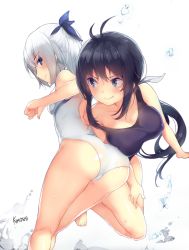 Rule 34 | 10s, 2girls, antenna hair, arched back, artist name, ass, barefoot, black hair, blue eyes, breast press, breasts, collarbone, competition swimsuit, from side, hair ornament, highres, hip attack, huge ass, kaminashi nozomi, keijo!!!!!!!!, kimoshi, large breasts, long hair, looking back, miyata sayaka, multiple girls, one-piece swimsuit, ponytail, profile, shiny clothes, shiny skin, signature, small breasts, smile, swimsuit, water, wet, white background, white hair