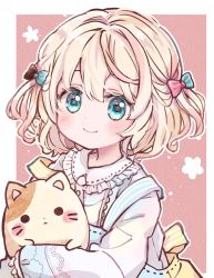 Rule 34 | 1girl, animal, back bow, blonde hair, blue eyes, blush, bow, cat, center frills, child, frilled shirt collar, frills, hacosumi, hair bow, highres, holding, holding animal, holding cat, long sleeves, looking at viewer, oekaki, original, short hair, sleeves past wrists, smile, solo, suspenders