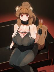 Rule 34 | 1girl, animal ears, black dress, black gloves, breasts, brown eyes, brown hair, champagne flute, chest tattoo, cleavage, closed mouth, commission, couch, cup, dress, drinking glass, gloves, highres, holding, holding cup, huge breasts, looking at viewer, ponytail, raccoon girl, raphtalia, red eyes, ryusei hashida, signature, sitting, smile, solo, sweat, tail, tate no yuusha no nariagari, tattoo, wet