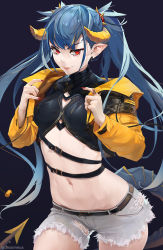 Rule 34 | 1girl, belt, blue hair, crop top, cropped jacket, cutoffs, dark background, denim, denim shorts, dragon girl, dragon horns, dragon tail, earrings, horns, jewelry, long hair, looking at viewer, nail polish, original, pointy ears, red eyes, ring, shorts, solo, tail, torn clothes, twintails, unsomnus