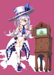 Rule 34 | 1girl, ajitarou (setsu), asymmetrical footwear, blue footwear, blush, boots, character request, drawer, dress, emil chronicle online, hat, highres, index finger raised, leotard, long hair, mismatched footwear, one eye closed, purple background, purple eyes, showgirl skirt, silver hair, simple background, single boot, single thigh boot, smile, solo, television, thigh boots, thighhighs, thighs, white dress, white hat, white leotard, white thighhighs, wrist cuffs