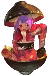 Rule 34 | 1girl, bowl, food, highres, in bowl, in container, japanese clothes, mallet, mini person, minigirl, mochi, needle, pisoshi, purple hair, red eyes, short hair, solo, sukuna shinmyoumaru, touhou, wagashi