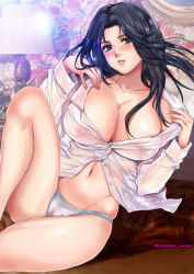 Rule 34 | 1girl, bed, black hair, blush, breasts, cleavage, crotch seam, dress shirt, highres, huge breasts, keizoku school uniform, kidou keisatsu patlabor, knee up, lace, lace-trimmed panties, lace trim, lamp, large breasts, leaning to the side, legs, lips, long hair, long sleeves, looking at viewer, nagumo shinobu, navel, nipples, no pants, on bed, open clothes, open shirt, opened by self, oyaman, panties, partially unbuttoned, purple eyes, pussy, school uniform, see-through, shirt, sitting, solo, twitter username, underwear, white panties, white shirt, wing collar