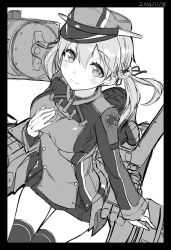 Rule 34 | 10s, 1girl, black border, blush, border, breasts, cowboy shot, dated, greyscale, hand on own chest, hat, kantai collection, long hair, looking at viewer, low twintails, machinery, microskirt, monochrome, nanahara fuyuki, peaked cap, prinz eugen (kancolle), sitting, sketch, skirt, smile, solo, thighhighs, twintails, white background