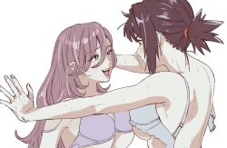 Rule 34 | bra, breasts, brown hair, couple, earrings, face-to-face, green eyes, highres, jewelry, kabedon, lingerie, long hair, looking at another, mori chizuru, multiple girls, open bra, open mouth, original, osg pk, police and lady, ponytail, purple bra, short hair, sidelocks, sweat, torikai emma, underwear, underwear only, undone bra, undressing, unfastened, white bra, yuri