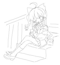 Rule 34 | 1girl, ahoge, animal ears, blush, cat ears, cellphone, collared shirt, crossed legs, daizu (melon-lemon), drill hair, extra ears, full body, greyscale, high contrast, holding, holding phone, jacket, lapels, loafers, long hair, long sleeves, looking at viewer, miniskirt, monochrome, necktie, notched lapels, one eye closed, one side up, open clothes, open jacket, open mouth, original, phone, pleated skirt, shirt, shoes, sitting, sitting on stairs, sketch, skirt, smartphone, socks, solo, stairs, white background