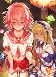 Rule 34 | 2boys, astolfo (fate), astolfo (sailor paladin) (fate), bare shoulders, blonde hair, blush, braid, bulge, chevalier d&#039;eon (fate), closed eyes, crossdressing, erection, erection under clothes, fate/grand order, fate (series), flower, green eyes, hair flower, hair intakes, hair ornament, hairband, heart, heart-shaped pupils, highres, leash, male focus, midriff, mouth hold, multicolored hair, multiple boys, navel, official alternate costume, pink hair, school uniform, serafuku, skirt, sweat, symbol-shaped pupils, thighhighs, tokopi, trap, two-tone hair, white hair