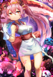 Rule 34 | 1girl, absurdres, demon girl, demon horns, duel monster, dutch angle, gloves, hatano kiyoshi, highres, holding, holding scythe, horns, japanese clothes, kimono, pink hair, ponytail, red blossoms from underroot, red eyes, scythe, short kimono, skull, sleeveless, sleeveless kimono, solo, standing, white gloves, white kimono, yu-gi-oh!