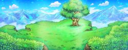 Rule 34 | artist request, blue sky, bush, cloud, creatures (company), day, field, game cg, game freak, grass, light particles, light rays, mountain, mountainous horizon, nintendo, no humans, official art, outdoors, pokemon, pokemon mystery dungeon, pokemon mystery dungeon: rescue team dx, scenery, sky, sunlight, third-party source, tree, wide shot