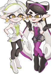 Rule 34 | 2girls, bare shoulders, black footwear, black gloves, black hair, black jumpsuit, black pantyhose, boots, bow-shaped hair, callie (splatoon), cephalopod eyes, collar, commentary request, cousins, cross-shaped pupils, detached collar, dress, earrings, fangs, full body, gloves, gradient hair, green hair, green hairband, grey hair, grin, hairband, hand on own hip, highres, inkling, jewelry, jumpsuit, lemo (lemo 4), long hair, looking at another, marie (splatoon), mole, mole under eye, multicolored hair, multiple girls, nintendo, open mouth, orange pupils, pantyhose, pink hair, pink hairband, pink pantyhose, pointing, prototype design, short hair, short jumpsuit, smile, splatoon (series), splatoon 1, squid girl, standing, star-shaped pupils, star (symbol), strapless, strapless dress, suction cups, swept bangs, symbol-shaped pupils, tentacle hair, tentacles, thick eyebrows, twintails, two-tone hair, very long hair, white background, white collar, white dress, white footwear, white gloves, yellow eyes