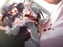 Rule 34 | 1girl, :d, black hair, blood, blood on face, blood on clothes, breasts, crazy smile, dress, empty eyes, game cg, knife, long hair, nipples, no bra, open mouth, red eyes, smile, solo, tearing clothes, tears, torn clothes, yandere