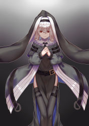 Rule 34 | 1girl, absurdres, arknights, belt, black background, black belt, black dress, capelet, chinese commentary, commentary request, dress, feet out of frame, gradient background, grey background, grey capelet, grey jacket, grey thighhighs, habit, hair between eyes, highres, interlocked fingers, jacket, long hair, long sleeves, looking at viewer, nun, own hands together, pelvic curtain, puffy sleeves, red eyes, saigoung sakon, side slit, silver hair, smile, solo, specter (arknights), standing, thigh strap, thighhighs
